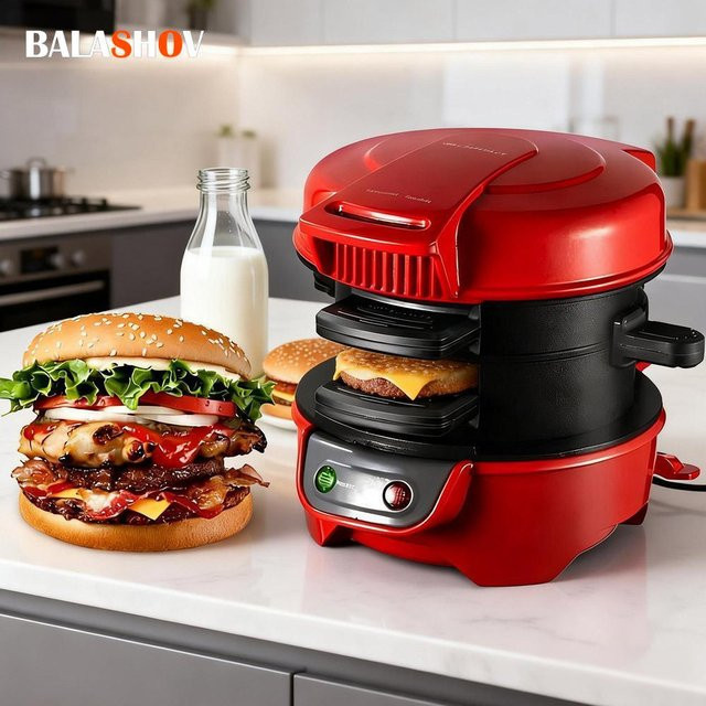 BALASHOV Burger Sandwich Omelette Toaster Maker in Rot mit Antihaftbeschichtung und Eierkocher-Ring für Frühstück und Pfannkuchen - Bild 1