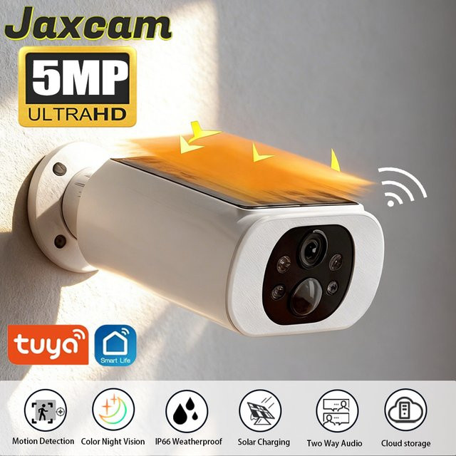 Tuya WLAN 5MP Solarkamera 2K IP-Kamera mit PIR-Bewegungserkennung und IP66-Wasserschutz, kabellos und batteriebetrieben, Farbe: Weiß - Bild 1
