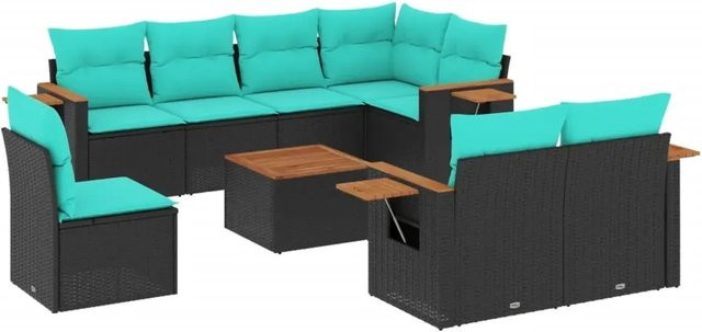 vidaXL 9-tlg. Garten-Sofagarnitur in L-Form aus Polyrattan mit Kissen und Couchtisch, Schwarz und Blau - Bild 1