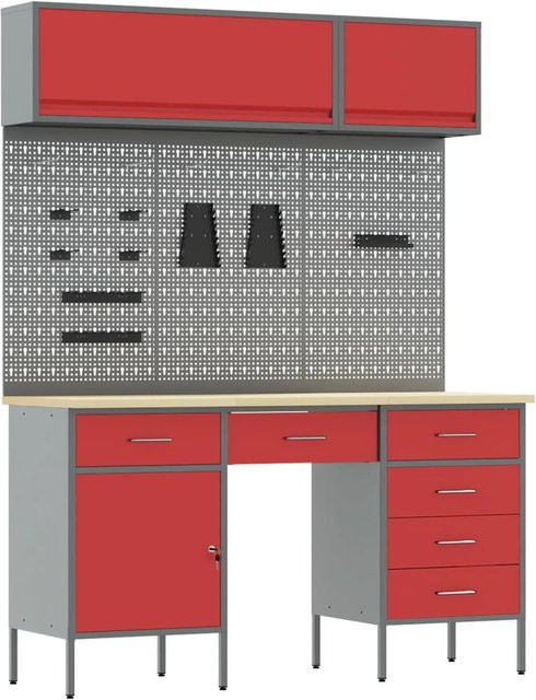 vidaXL Werkbank mit 8 Schubladen und Pegboard aus Holz und Stahl in Rot, B: 200 cm, H: 150 cm, T: 55 cm - Bild 1