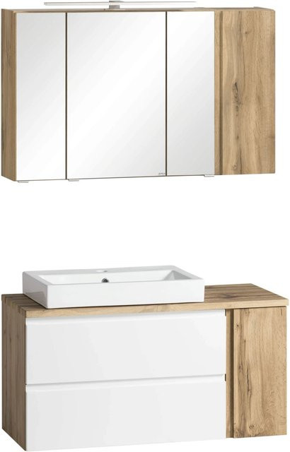 Held Möbel Waschtisch-Set Ancona 2-tlg. in Matt Weiß-Wotaneiche mit Keramik-Aufsatzbecken und Spiegelschrank, Breite: 105 cm - Bild 1