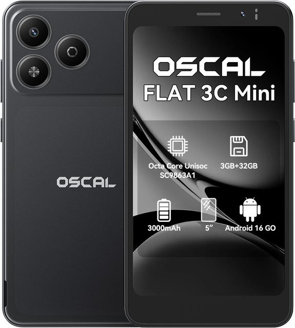 OSCAL FLAT 3C Mini-Smartphone mit 5 Zoll Display, 32GB ROM, Android, Dual-SIM, schwarz - Bild 1