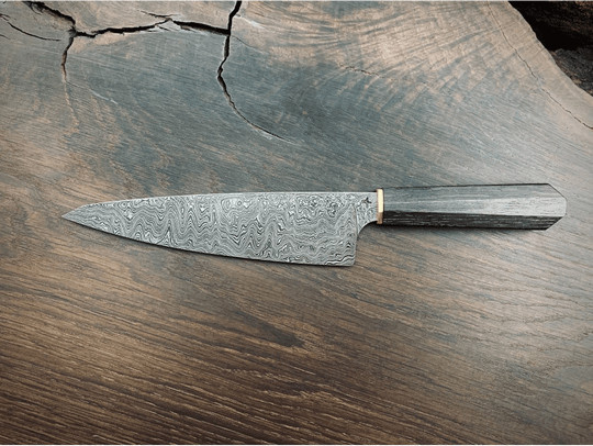 Hohenmoorer Damast Chefmesser aus Kohlenstoffstahl mit Holzgriff in Grau - Bild 1