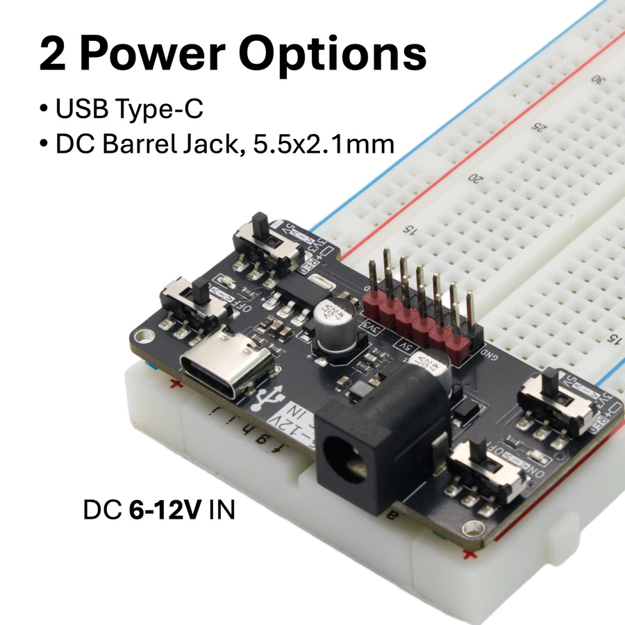 NullLab Breadboard-Stromversorgungsplatine in Schwarz mit 3,3/5V Ausgang, USB-C-Schnittstelle und 2,1 x 5,5 mm DC-Anschluss - Bild 2