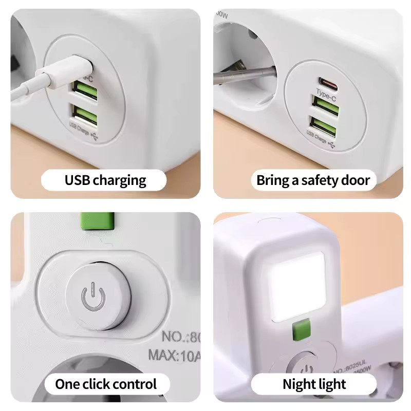 Szaoju Steckdosenleiste mit 4 AC-Steckdosen, 2 USB-Anschlüssen und 1 USB-C-Anschluss in Schwarz mit unabhängigen Schaltern und Nachtlicht - Bild 3