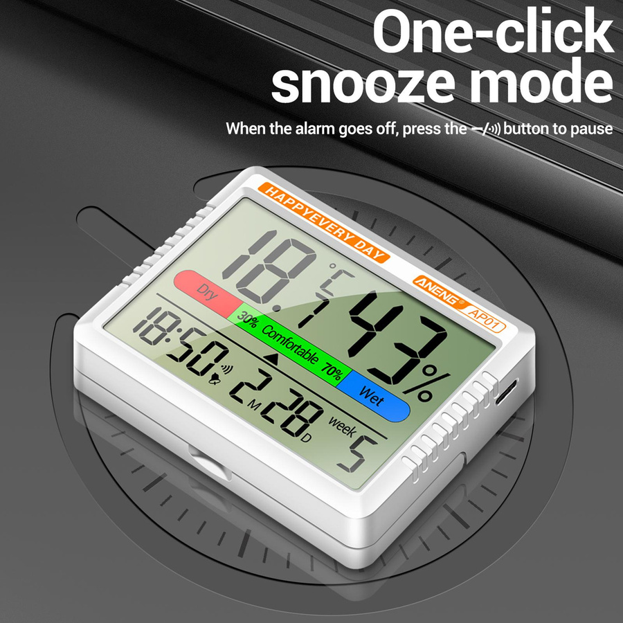 CosyHome Multifunktionales Thermometer Hygrometer mit Weckerfunktion und integriertem Akku, Schwarz - Bild 3