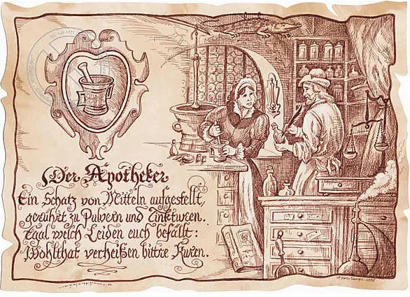 Zunftbild Apotheker auf Antikpapier als Vintage Poster in Braun, A4 Format