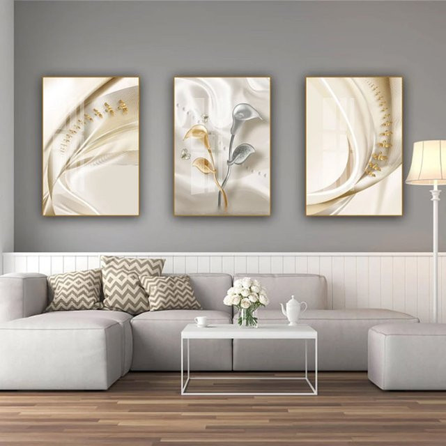 TPFLiving Luxus Poster Leinwand Set mit abstrakten Strukturen in Beige, Weiß und Gold, 3er Set ohne Rahmen, Breite: 50 cm, Höhe: 75 cm - Bild 1