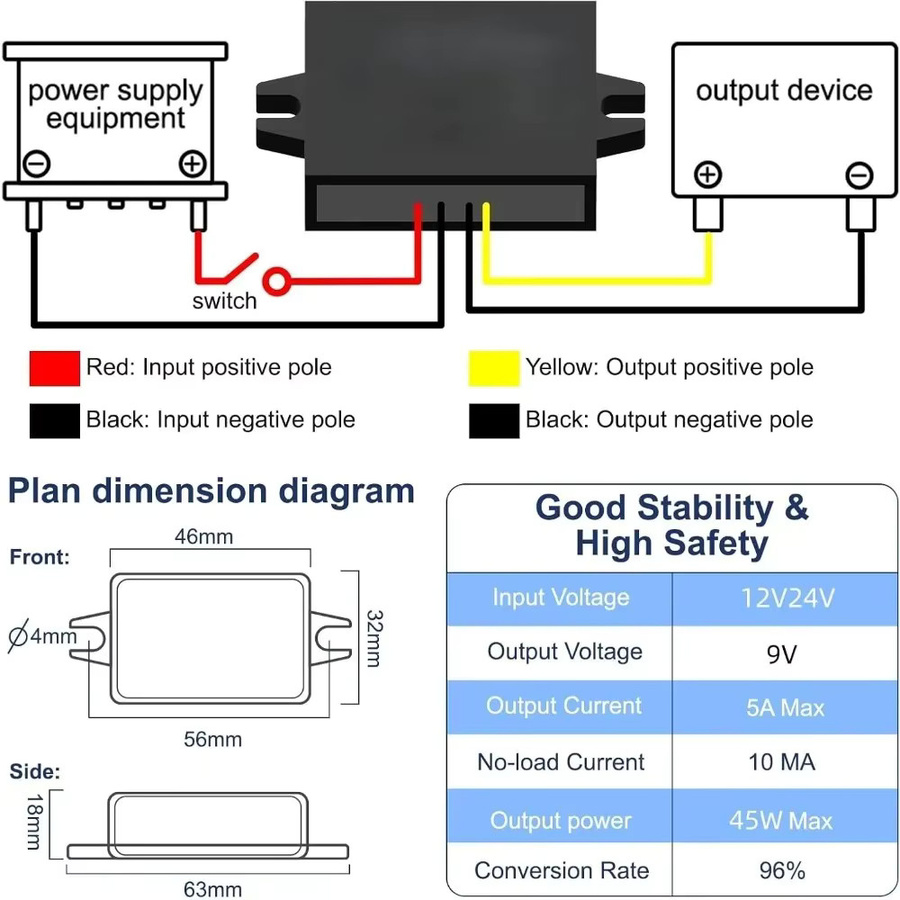 kangwobei DC-DC Step-Down-Adapter 12V 24V zu 9V 5A 45W Buck-Konverter in Schwarz für Fahrzeugsicherheitssysteme und LED-Produkte - Bild 3