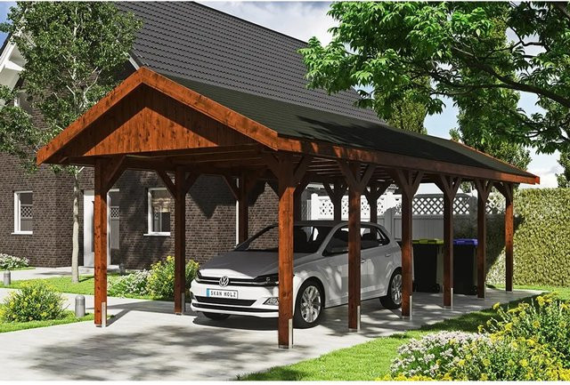 Skan Holz Carport Wallgau Satteldach aus Nadelholz in Nussbaum Braun mit Bitumendachpappe B: 380 cm, T: 900 cm, H: 313 cm - Bild 1