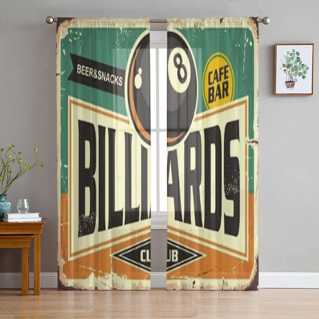 Super Six Transparenter Chiffon-Vorhang mit Retro Billard Schild Design und schwarzer Acht, B: 135 cm, H: 137 cm - Bild 1