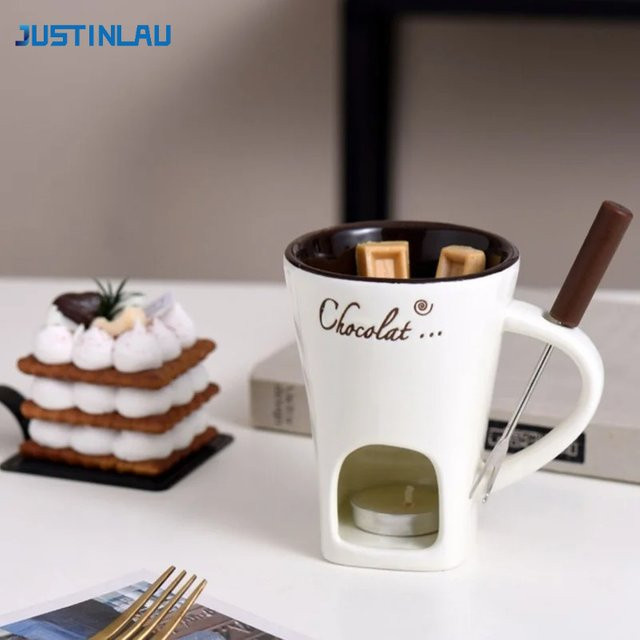 JUSTINLAU Mini-Keramiktasse Fondue-Set in Braun mit Gabel, 130 ml Fonduetopf für Schokolade, Käse oder Eis - Bild 1
