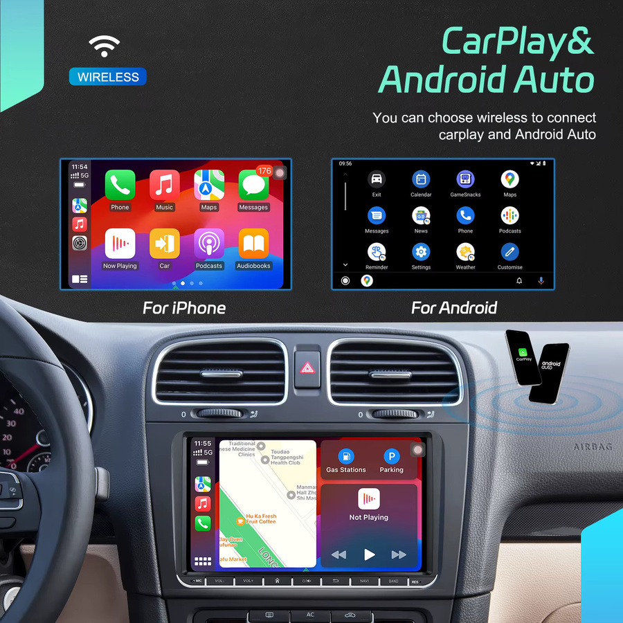 Podofo Android 2Din Autoradio mit 9 Zoll Touchscreen, GPS-Navigation und 6+128G Speicher, Schwarz, passend für VW Passat Golf MK5 MK6 Jetta T5 EOS Polo Touran und Seat Skoda - Bild 2