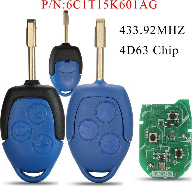 Jingyuqin Autoschlüssel mit 433 MHz und 4D63 Chip für Ford Transit WM VM 2006–2014, Ersatzschlüssel 6C1T15K601AG FO21, Farbe: Blau - Bild 1