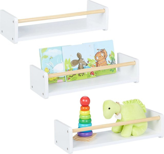 Relaxdays Kinderregal 3er Set aus MDF und Kiefernholz in Weiß und Natur, Wandregal für Kinderzimmer, B/H/T: 50 x 18 x 12 cm - Bild 1