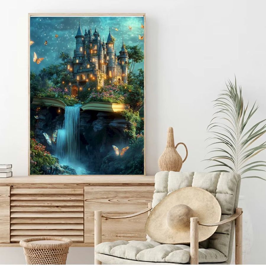 5D Diamant-Malerei-Set Potdemiel Fantasy-Schloss mit Wasserfall und Landschaft als Mosaik-Stickerei für die Wanddekoration, Full Drill, Rund - Bild 3