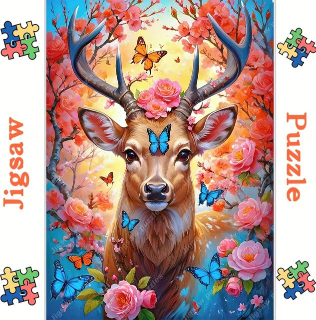 AZNM Puzzle, japanisches Reh, Kirschblüten und Schmetterlinge, bunt - Bild 1