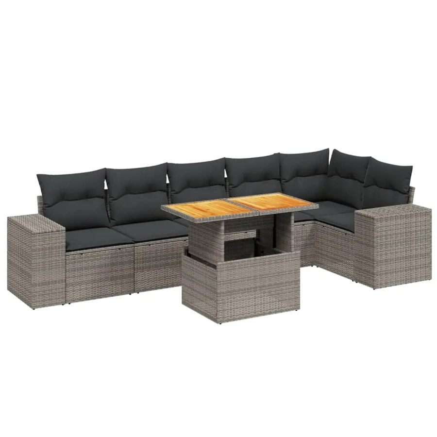 vidaXL 7-teilige Garten-Sofagarnitur in L-Form aus Poly-Rattan und Akazienholz mit Kissen in Grau - Bild 2