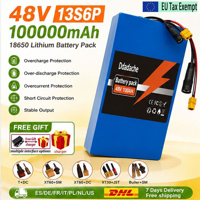 13S6P 48V 100Ah 2000W 18650 Li-Ionen-Akku in Blau für 54,6V-Fahrräder mit optionalem BMS-Stecker - Bild 1