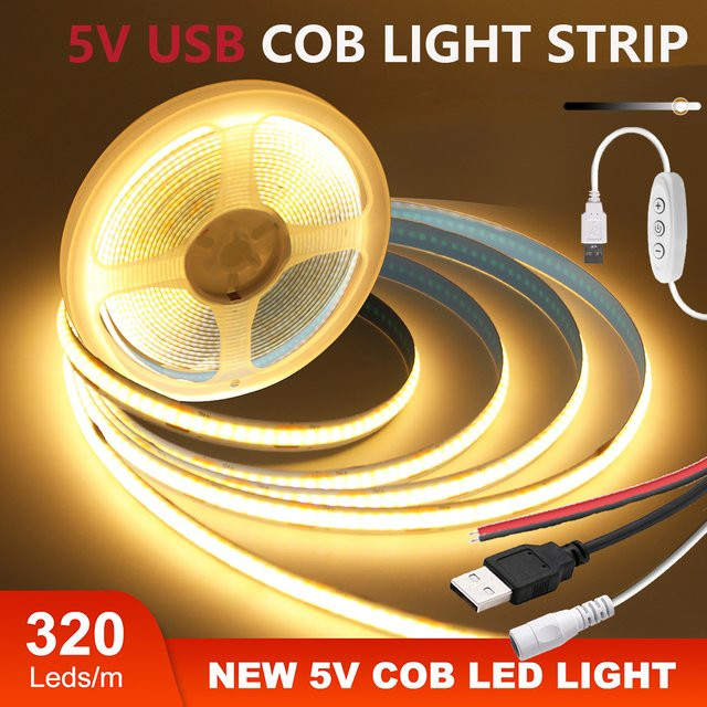KISUFU COB LED Streifen mit USB 2PIN Anschluss, 5V DC, Breite: 8 mm, 320 LEDs hohe Dichte, flexibler LED Band in Weiß - Bild 1