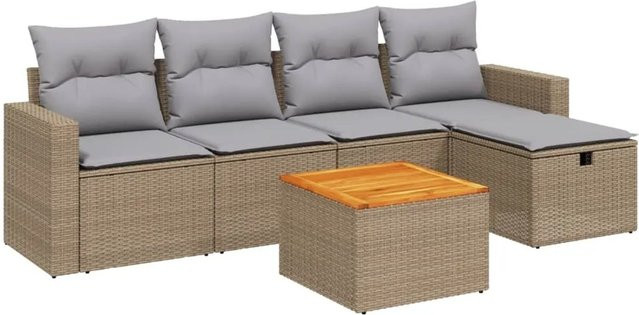 vidaXL 6-tlg Garten-Sofagarnitur in L-Form mit Polsterkissen und Couchtisch, Beige, Poly-Rattan und Metallgestell - Bild 1