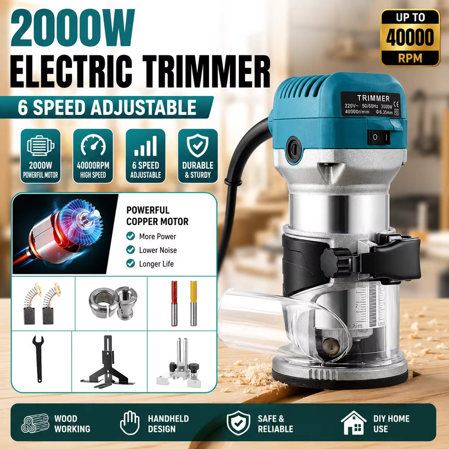 TKKEACE Elektrische Holzfräse 2000W mit 40000 U/min und 6-Gang-Einstellung in Blau für professionelle Holzbearbeitung, Gravieren, Schlitzen und Schneiden - Bild 3