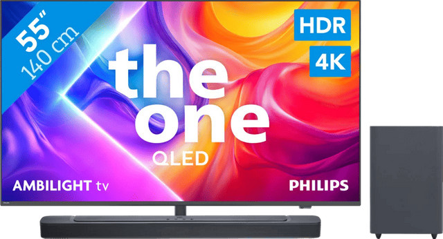 Philips Ambilight QLED 4K UHD Fernseher 55 Zoll PUS9000 (2025) mit JBL Bar 2.1 Deep Bass MK2 Soundbar in Schwarz - Bild 1