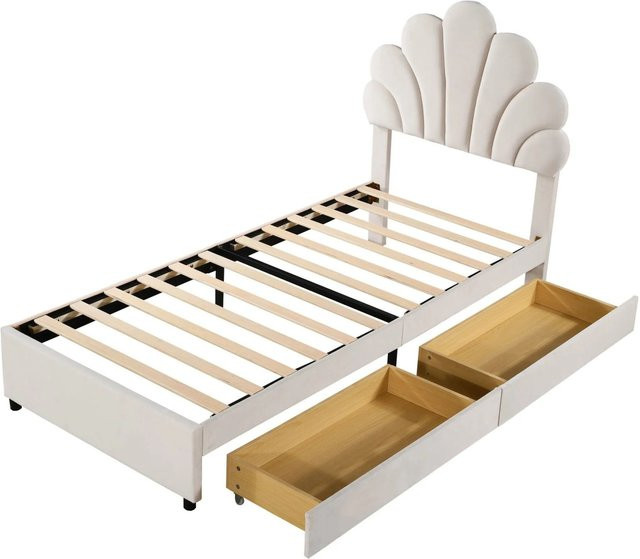 Merax Kinderbett mit Samt-Blumenkopfteil und Schubladen in Beige, B: 90 cm, L: 200 cm, H: 116 cm - Bild 1