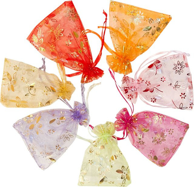 Organza-Geschenkbeutel mit Bauhinia-Blumendruck in Lila für Hochzeit und Party, 100 Stück - Bild 1