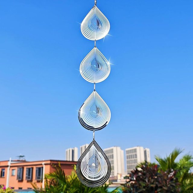 Binchi 3D Windspiel Glockenspiel in Tropfenform aus Edelstahl, Silber, Rotierendes Windspiel für Garten und Innenbereich - Bild 1