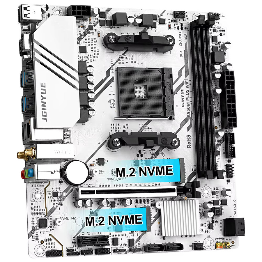 JGINYUE B550 Serie Mainboard AM4 mit DDR4 Dual Channel, M.2 NVMe und 4x SATA 3.0, Weiß - Bild 3
