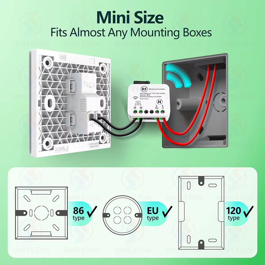 SLMPLEFUN RF433MHZ Mini-Fernbedienungs-Lichtschalter in Weiß, kabelloser 86er-Panel-Schalter ohne Neutralleiter, Einphasen-Relais für AC 110V-250V - Bild 2