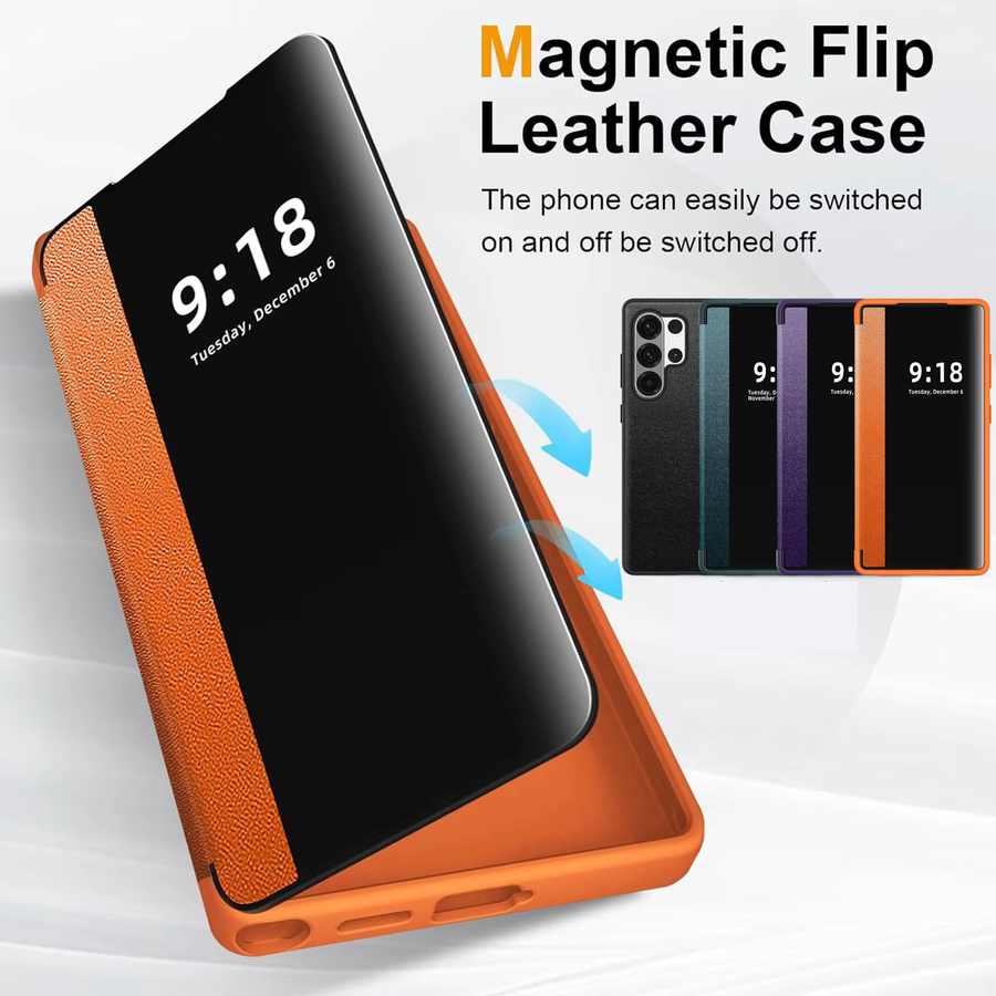 Business Smart View Flip Lederhülle für Samsung Galaxy S26 Ultra, S26+, S25, S24 und S23 Ultra mit Fallschutz in Grün und Orange - Bild 2