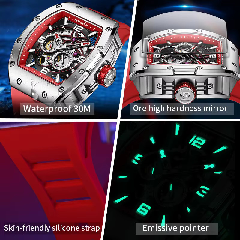 FeelNever Herrenuhr Tonneau, Automatik, Edelstahl, Silikon, Schwarz - Bild 6
