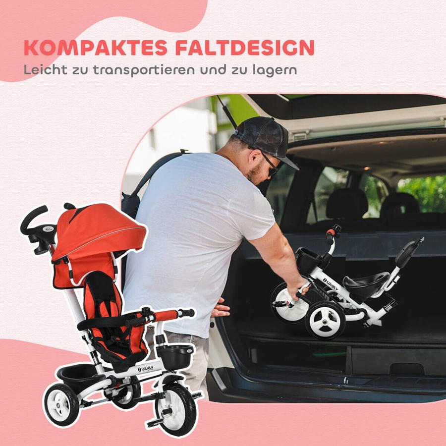 HOMCOM 6 in 1 Kinderdreirad mit Schubstange und Sonnendach in Rot, faltbares Dreirad mit Sicherheitsgurt und Korb für Kinder bis 25 kg, B/H/L: 50 x 104 x 112 cm - Bild 6
