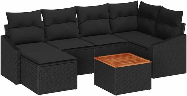 vidaXL Garten-Sofa-Set aus Poly-Rattan in Schwarz, 7-teiliges L-Shape Lounge-Set mit Kissen, Ecksofa, Armlehnen und Tisch - Bild 1