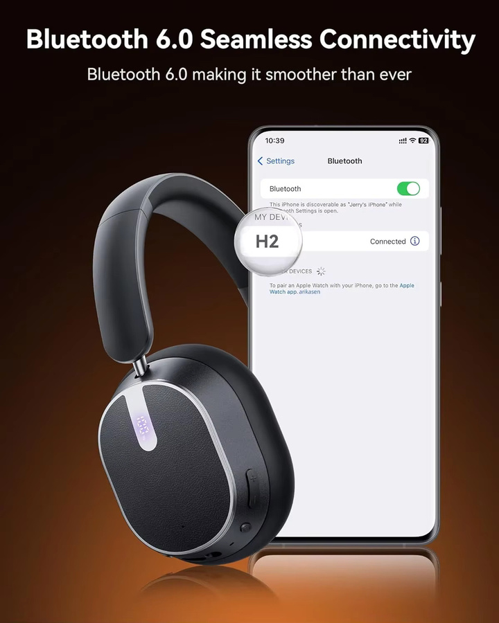 Arikasen Over-Ear-Kopfhörer mit aktiver Geräuschunterdrückung, Bluetooth 6.0, kabellos, faltbar, LED-Leistungsanzeige und 6-Mikrofon-ENC, Schwarz - Bild 4