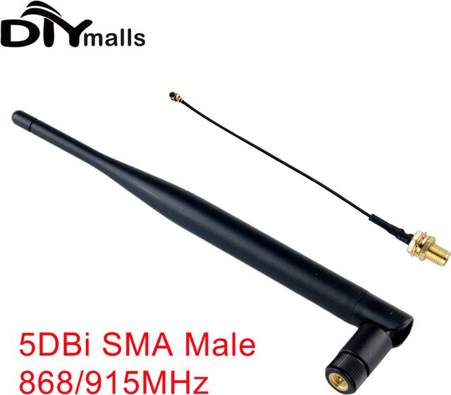 DIYmalls Omnidirektionale 5dBi Antenne mit SMA Stecker und SMA Buchse zu IP-EX Verlängerungskabel 10cm für LoRa und Arduino, Schwarz - Bild 1