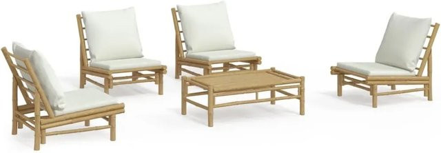 vidaXL 5-teiliges Garten-Lounge-Set aus Bambus mit cremeweißen Kissen in rustikaler Optik - Bild 1
