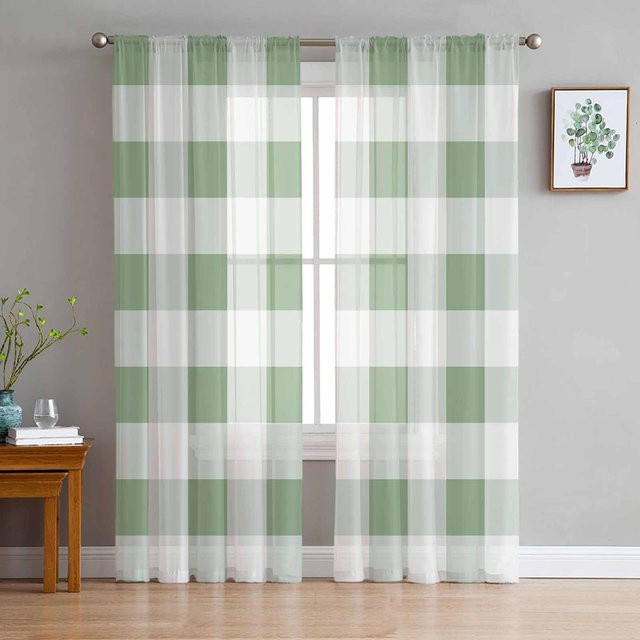 Salbeigrüne karierte transparente Vorhänge aus Organza und Tüll für Wohnzimmer und Küche, B: 135 cm, H: 245 cm - Bild 1