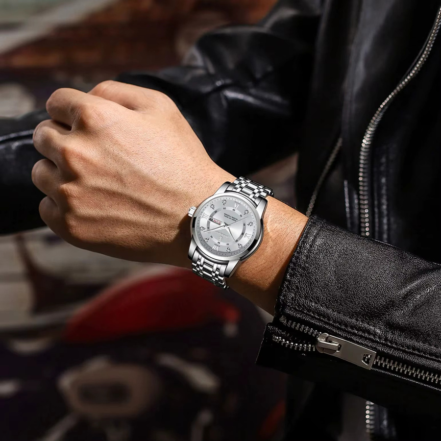 POEDAGAR Armbanduhr Edelstahl, Quarz, Silber, Herren, Datum, Wochentag - Bild 6