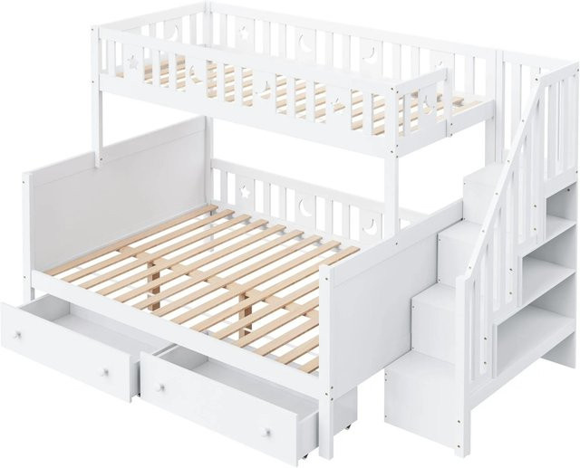 Merax Etagenbett für Kinder aus Massivholz mit Sicherheitstreppe und Seitenfächern, Weiß, B/T/H: 90 x 200 x 145 cm und 140 x 200 x 160 cm - Bild 1