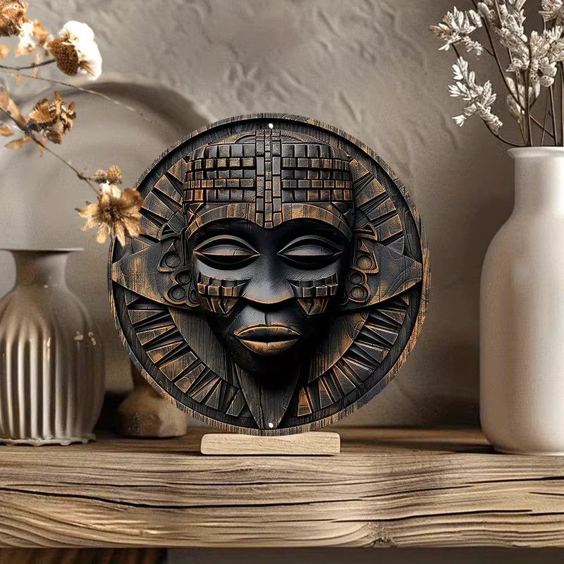 Afrikanisch inspiriertes Wandkunst-Dekor Potdemiel Maske aus Aluminium, runde Retro-Maske, Durchmesser: 20,32 cm - Bild 2