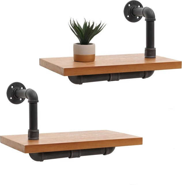 2er-Set Wandregal MCW N29 Industrial Design aus Massiv-Holz und Stahl, Farbe: Braun/Schwarz, B/T/H: 29 x 25 x 45 cm - Bild 1