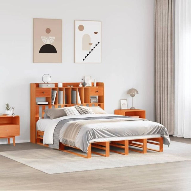 Massivholzbett aus Kiefer mit Regal von vidaxl in Braun, B/T/H: 150 x 200 x 110 cm - Bild 1