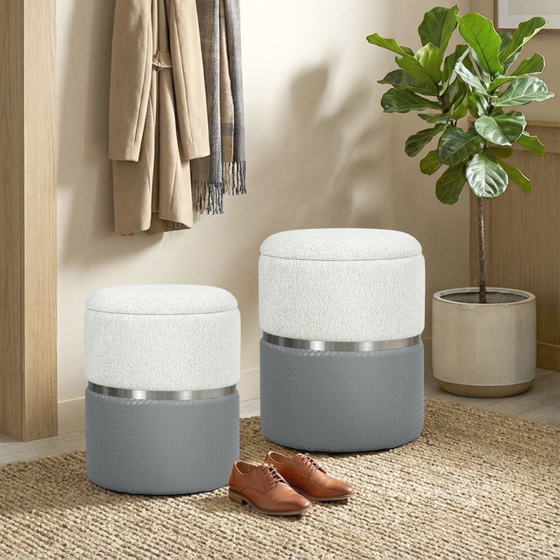 HOMCOM 2er-Set runde Stauraum-Poufs aus Chenille und PU in Grau und Creme als gepolsterte Sitzboxen für Wohnzimmer, Schlafzimmer oder Flur - Bild 2