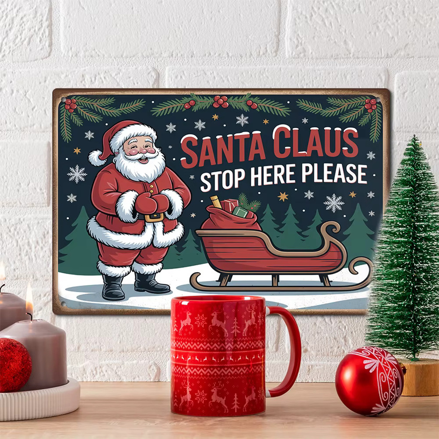 Putuo Decor Vintage Metallblechschild SANTA CLAUS STOP HERE Wandkunstdekoration für Weihnachten Multicolor B: 30,0 cm, H: 20,0 cm - Bild 5