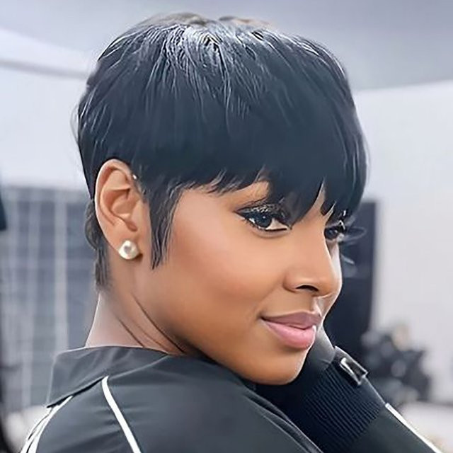 OYM HAIR Pixie-Schnitt Haarperücke, brasilianisches Echthaar, Schwarz, Damen - Bild 1