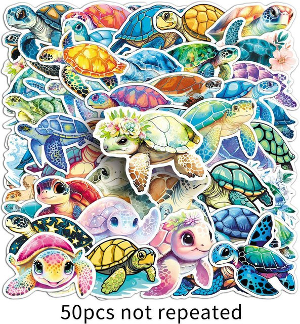 50 wasserfeste Meeresschildkröten-Aufkleber von Take One in Blau und Multicolour als Cartoon-Tiere zur Dekoration von Handy, Wasserflasche und Tagebuch - Bild 1