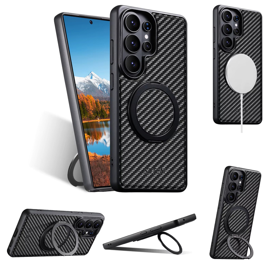 SUTENI Handyhülle aus Kunstleder mit Magnet für kabelloses Laden und 360 Grad drehbarem Ständer mit Ringschnalle für Samsung Galaxy S26 Ultra, S25, S24, S23 in Schwarz - Bild 2